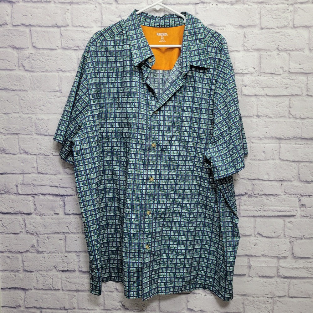 King Size Geometric Print Button Shirt 3XL Big Tall Teal Camp Travel Resortwear